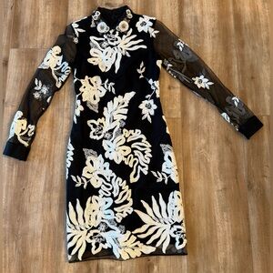 Marchesa Black Sheer Long-Sleeve Dress with White Floral Appliqué